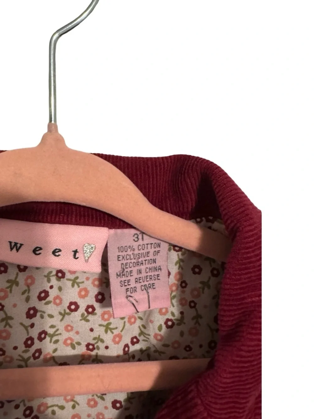 Y2K Sweet Maroon Corduroy Embroidered Floral Jacket Girls Size 3T